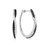 Sterling Silver Black Spinel Hoop Earrings with Hammered Texture